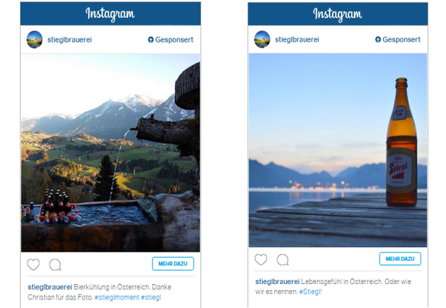 Zwei Beispiele der Stiegl-Ad-Kampagne bei instagram.